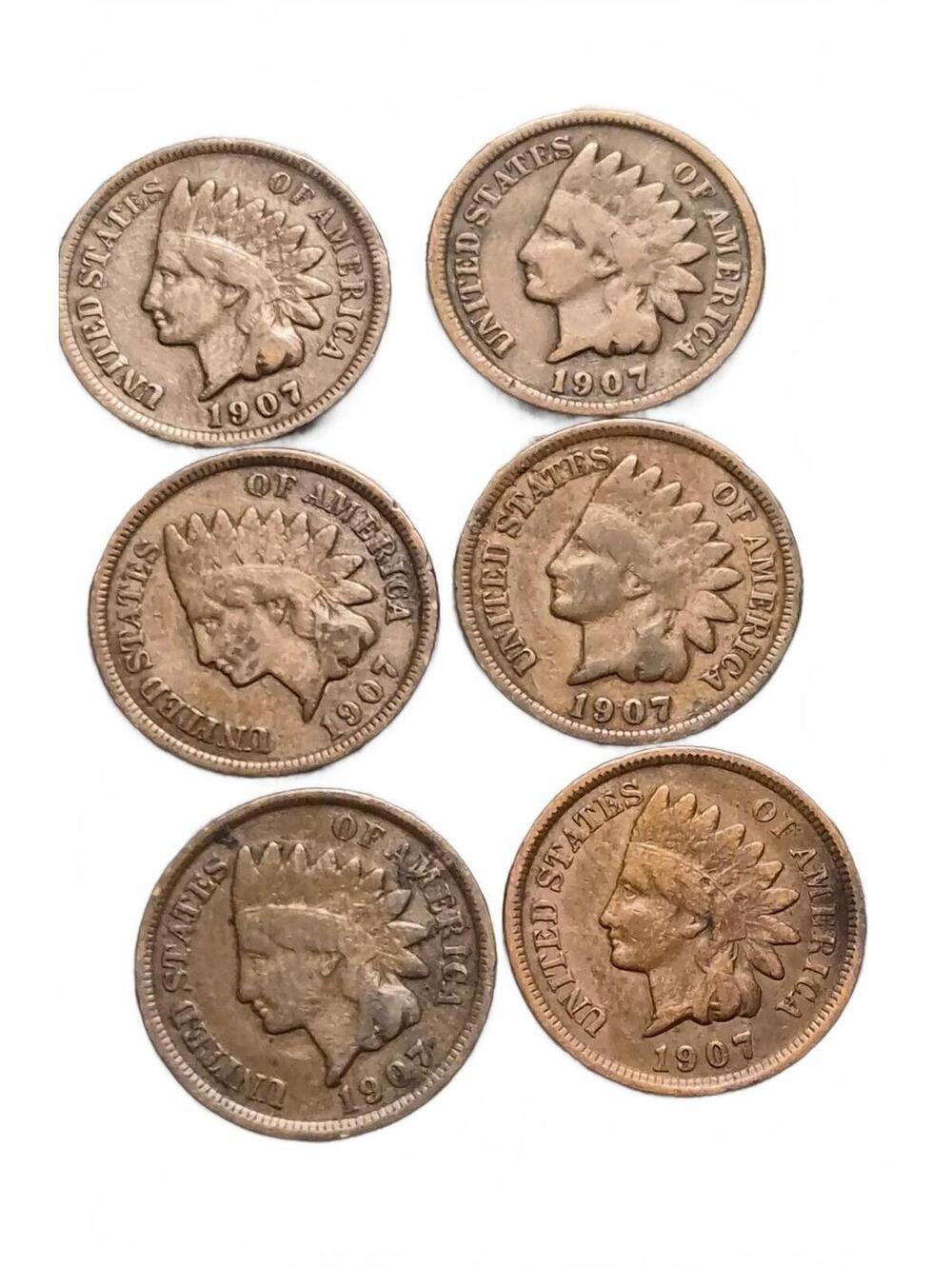 6-(lot)1907 Indian Head Pennies Bargain Blowout Sale, moving inventory #226